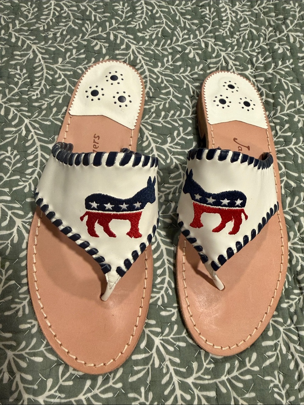 Jack Rogers White Leather Sandals with Red & Navy Donkey Embroidery